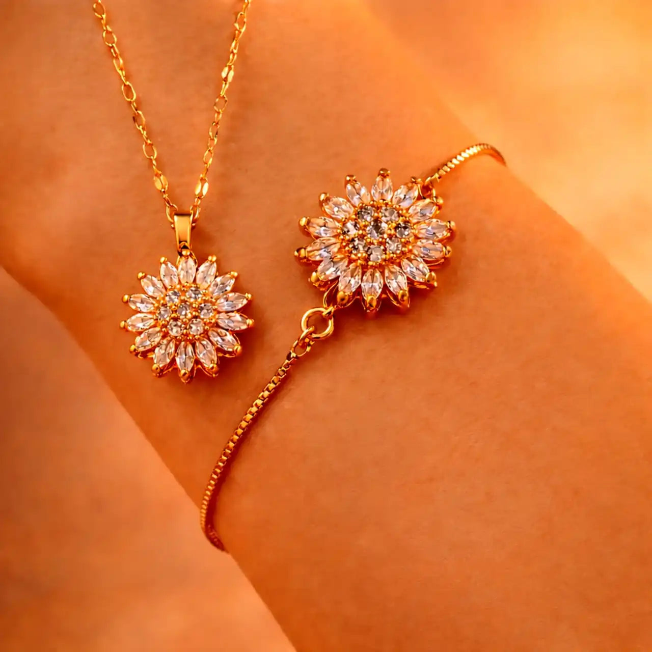 Collar Girasol Rotatorio + Pulsera | Baño en Oro ✨