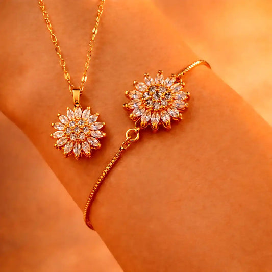 Collar Girasol Rotatorio + Pulsera | Baño en Oro ✨